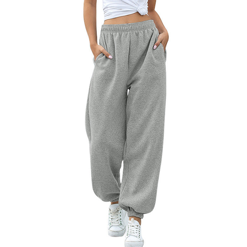 Pantalon décontracté large femme à taille haute élastique