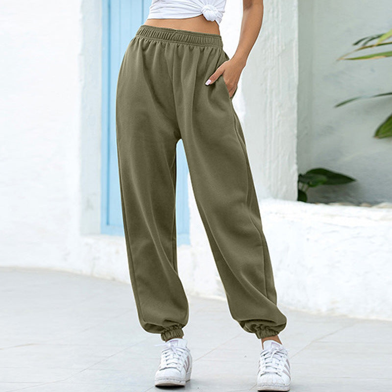 Pantalon décontracté large femme à taille haute élastique