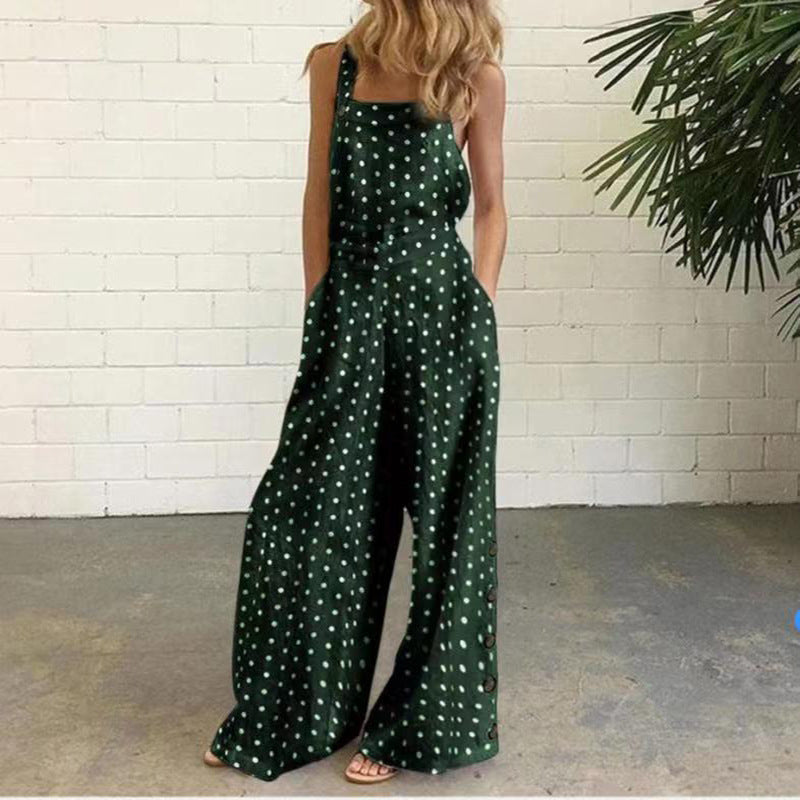 Cotton Linen Printed Button Trim Suspenders Jumpsuit
