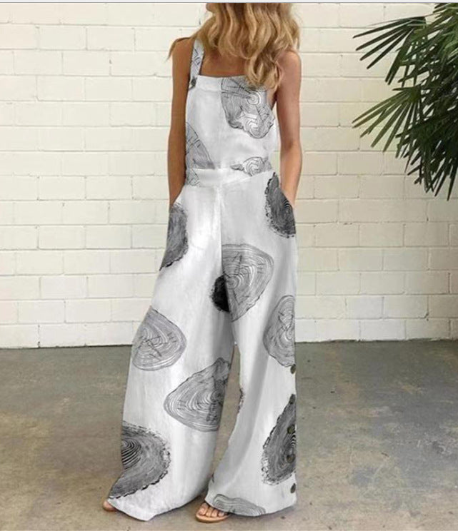Cotton Linen Printed Button Trim Suspenders Jumpsuit