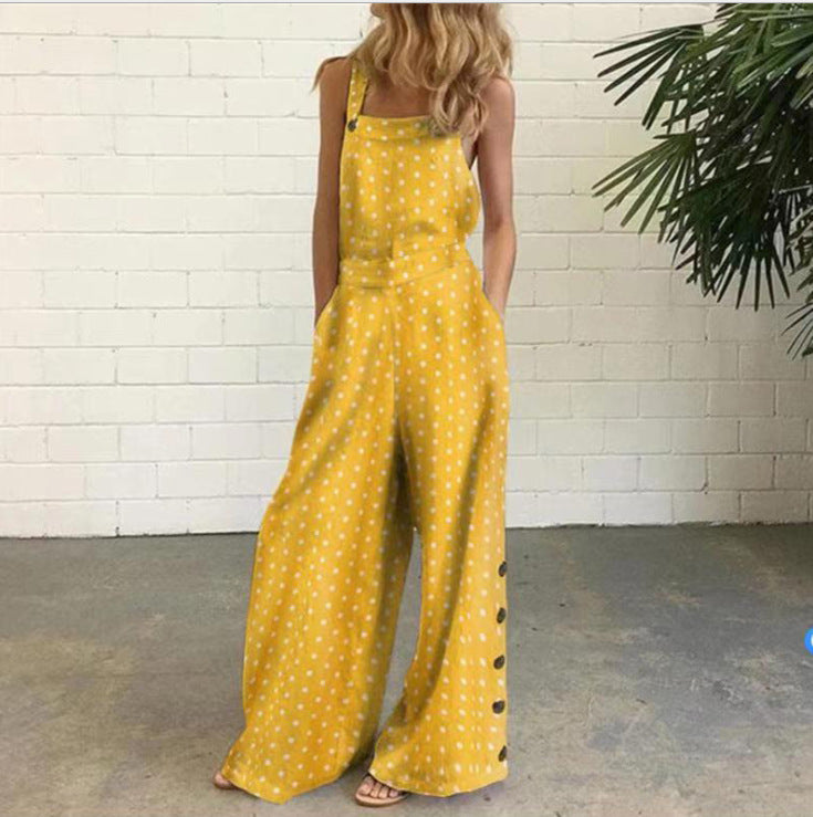 Cotton Linen Printed Button Trim Suspenders Jumpsuit