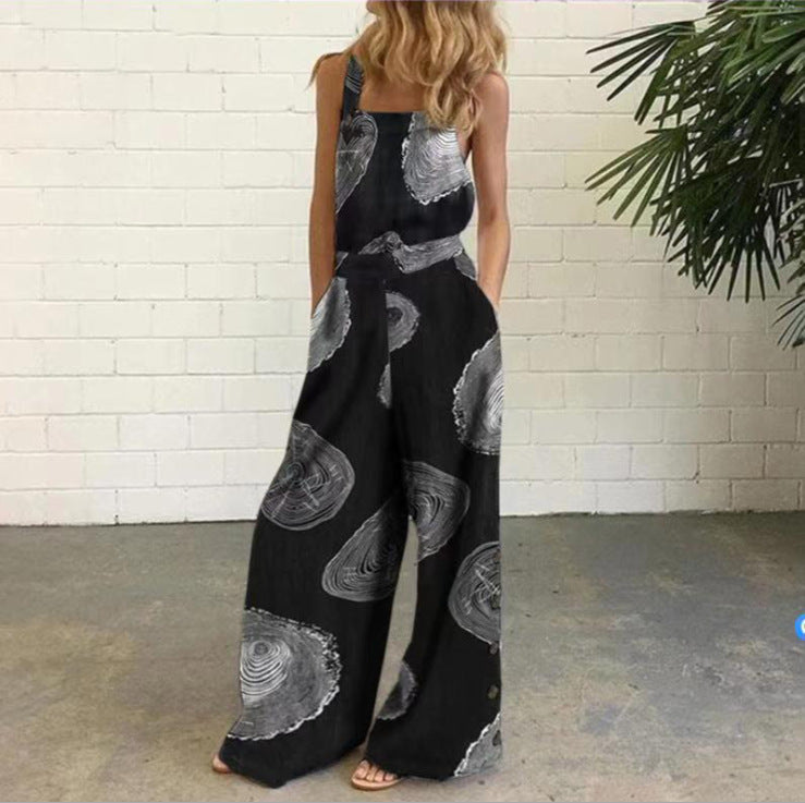 Cotton Linen Printed Button Trim Suspenders Jumpsuit