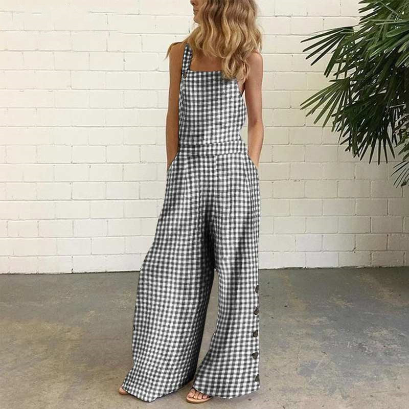Cotton Linen Printed Button Trim Suspenders Jumpsuit