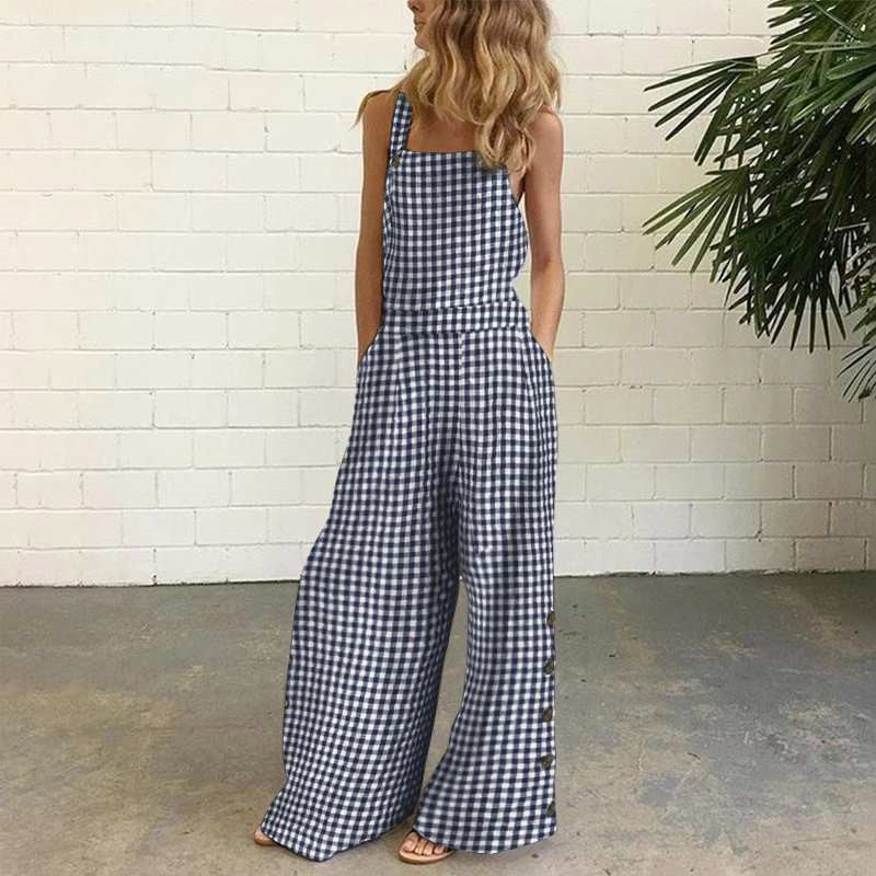 Cotton Linen Printed Button Trim Suspenders Jumpsuit