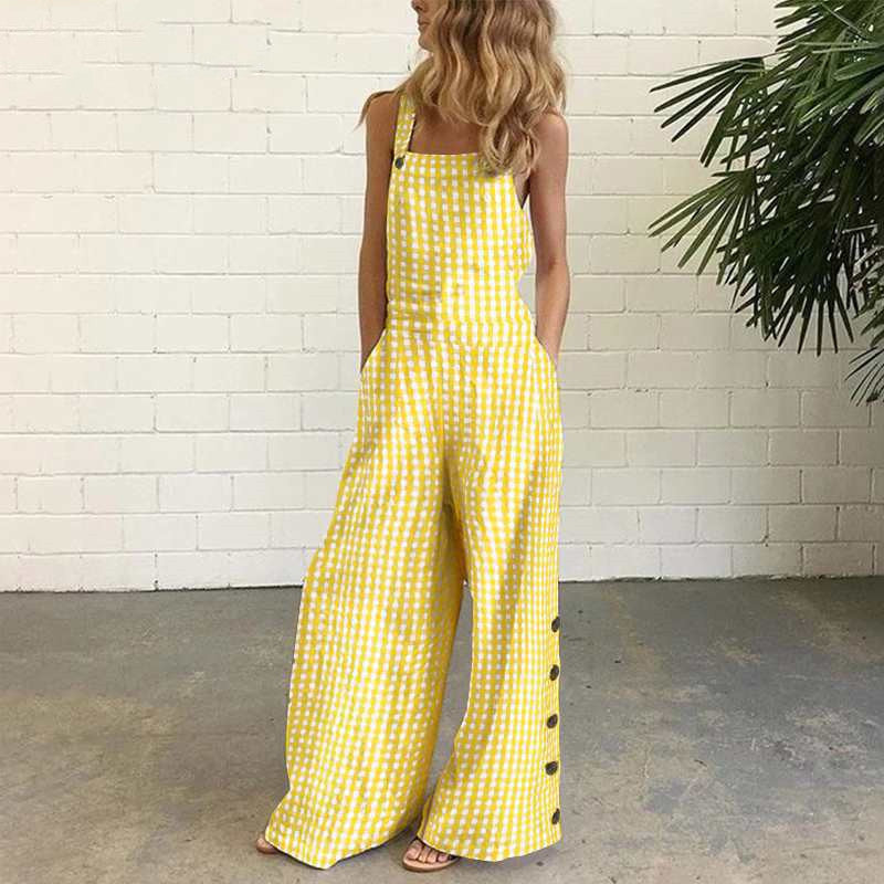 Cotton Linen Printed Button Trim Suspenders Jumpsuit
