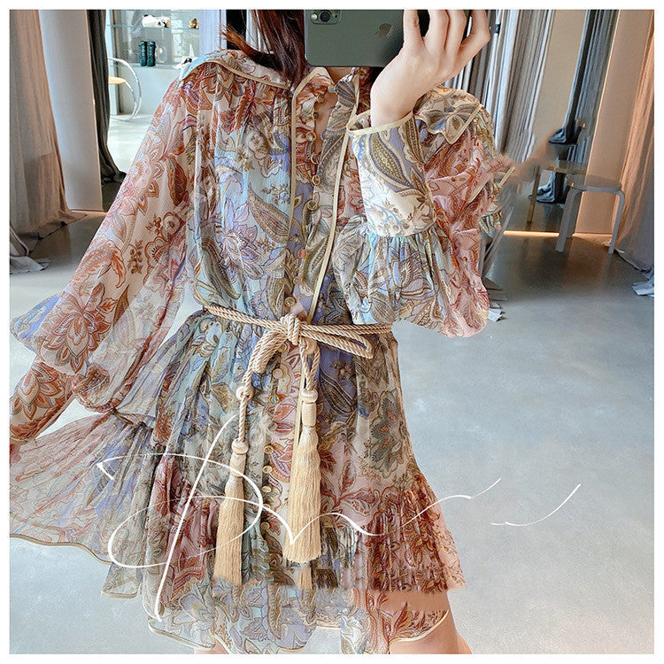 Robe deux pièces imprimée style rétro avec manches bouffantes