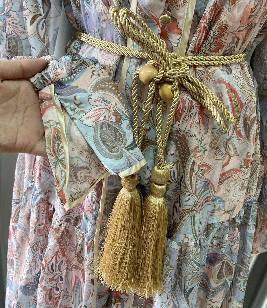Robe deux pièces imprimée style rétro avec manches bouffantes