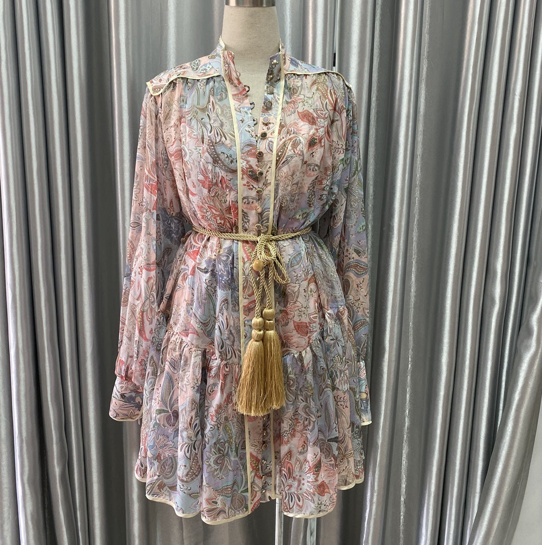 Retro Court Style Printed Temperament Was Thin, Puff Sleeves And Two-piece Dress