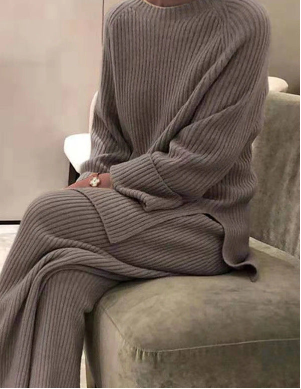Ensemble décontracté tricoté de couleur unie à manches longues pour femme avec pantalon