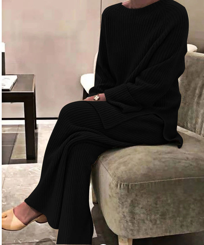 Ensemble décontracté tricoté de couleur unie à manches longues pour femme avec pantalon
