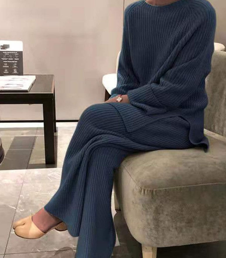 Ensemble décontracté tricoté de couleur unie à manches longues pour femme avec pantalon