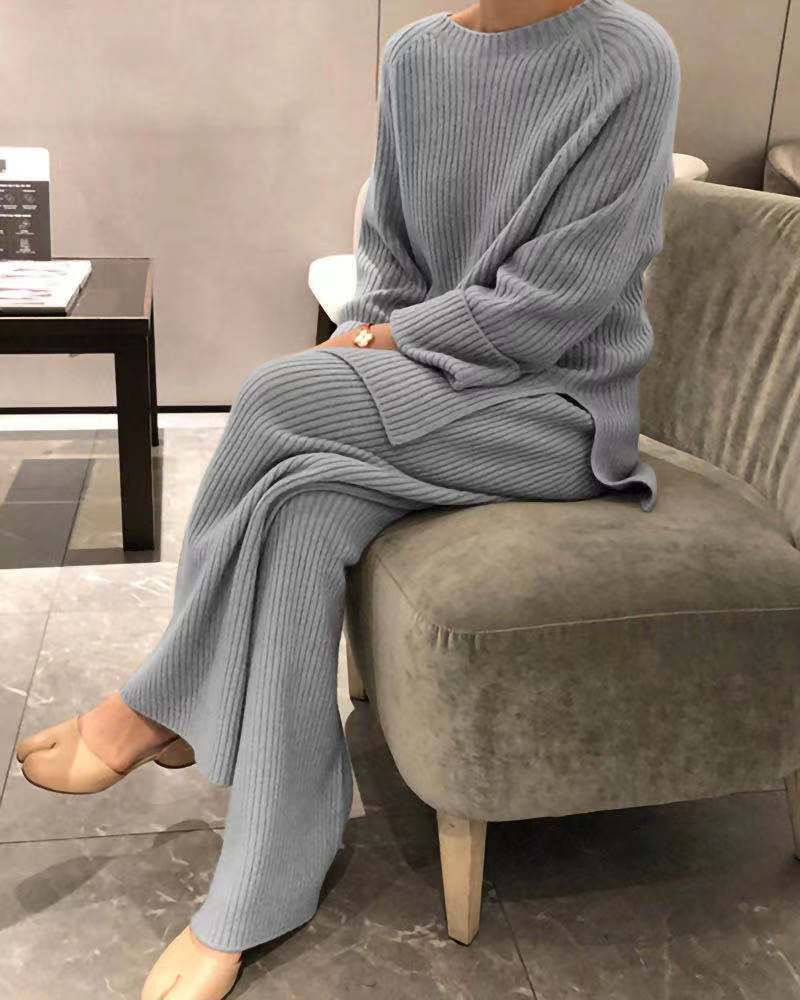 Ensemble décontracté tricoté de couleur unie à manches longues pour femme avec pantalon