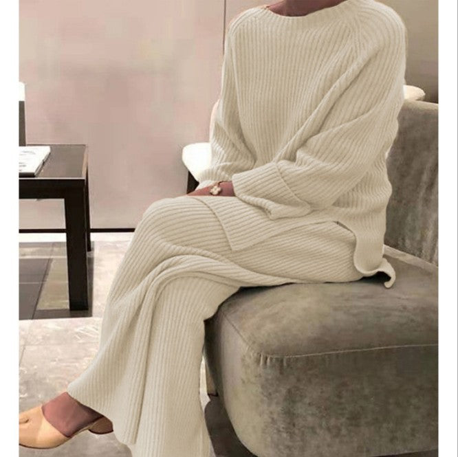 Ensemble décontracté tricoté de couleur unie à manches longues pour femme avec pantalon