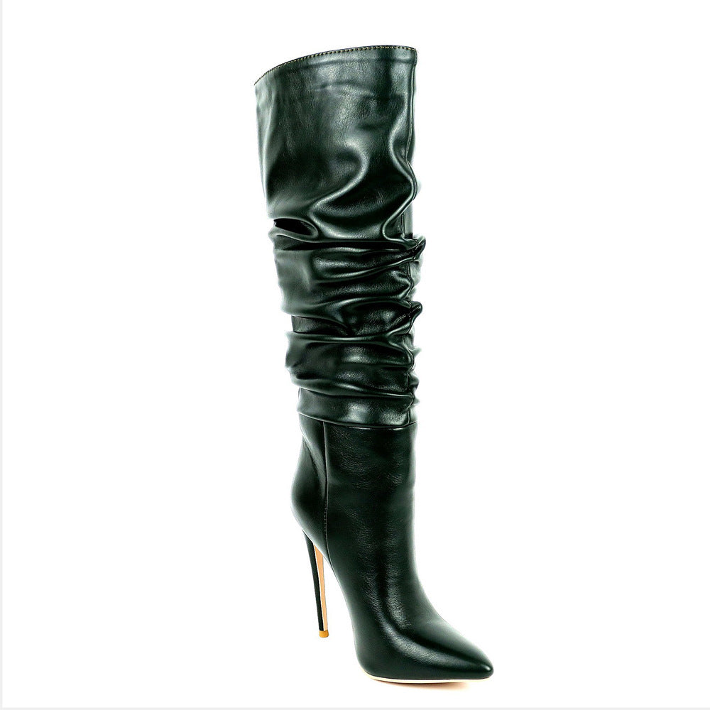 Autumn And Winter Folds Pointed Toe High-Tube Women'S Boots European And American Fashion Sexy Black Women'S Stiletto High Heel