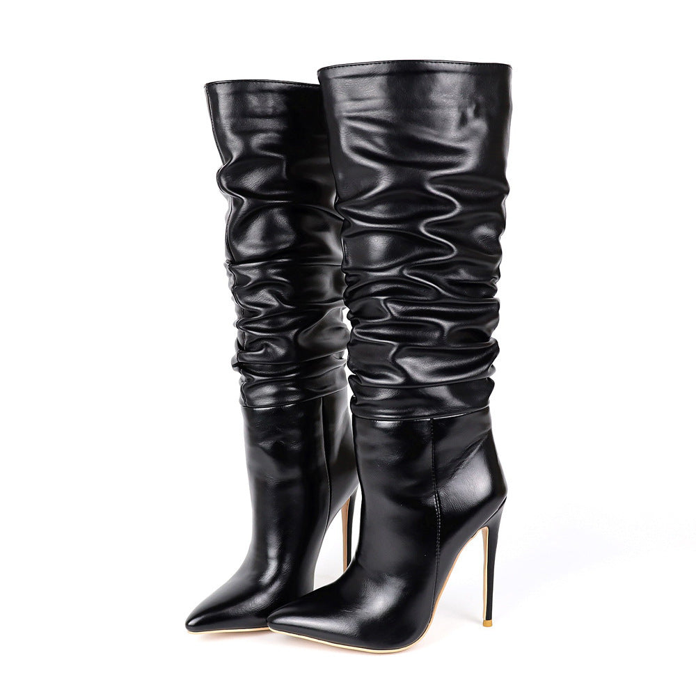 Autumn And Winter Folds Pointed Toe High-Tube Women'S Boots European And American Fashion Sexy Black Women'S Stiletto High Heel