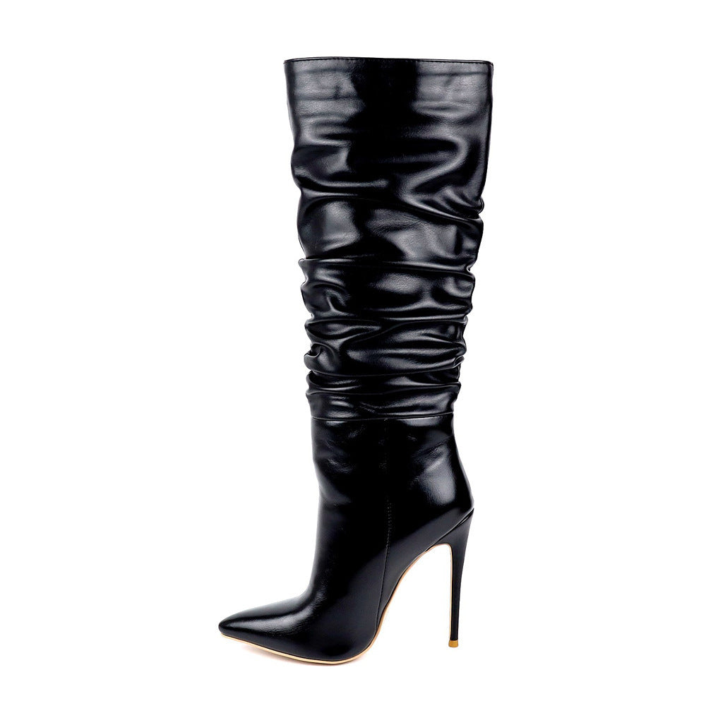 Autumn And Winter Folds Pointed Toe High-Tube Women'S Boots European And American Fashion Sexy Black Women'S Stiletto High Heel