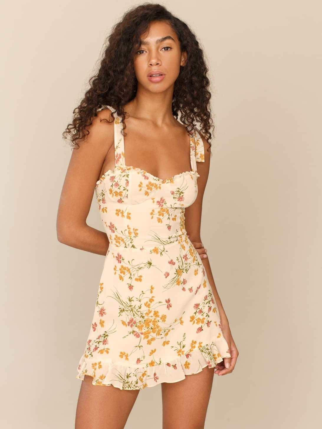 French Pastoral Style Small Fresh Floral Print Slim-Fitting Wooden Ear Lace-Up Dress