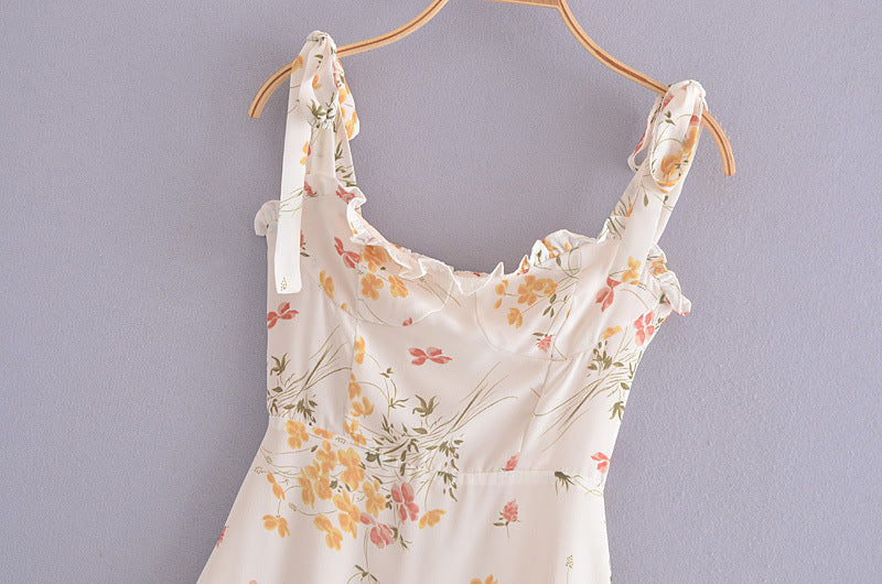 French Pastoral Style Small Fresh Floral Print Slim-Fitting Wooden Ear Lace-Up Dress