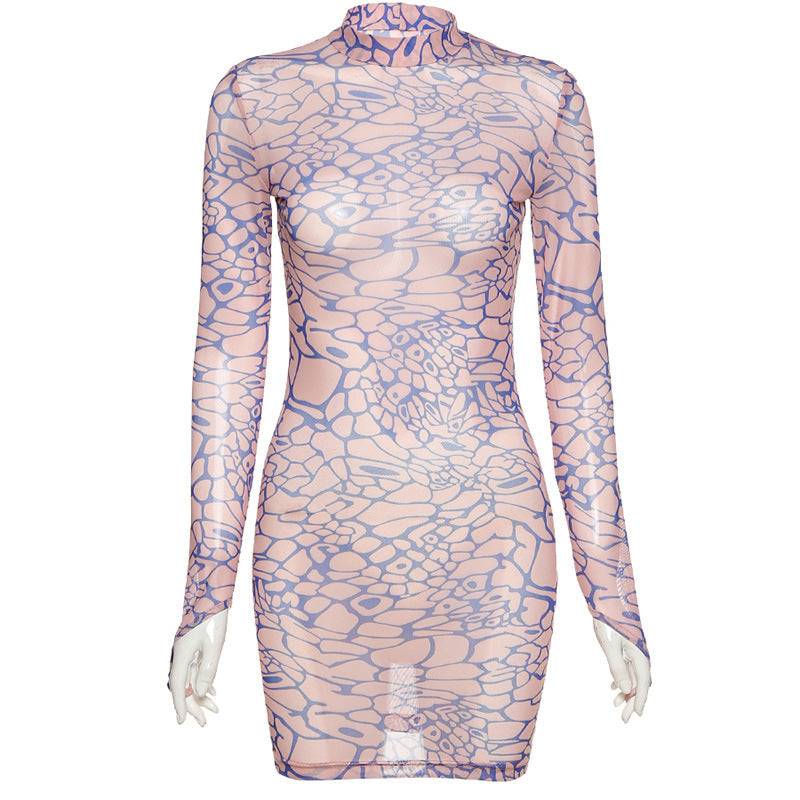 Robe moulante transparente à manches longues en maille imprimée numérique Simenual pour femmes