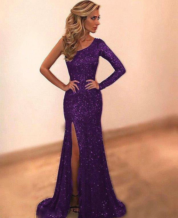 Women's Long Sleeve One Shoulder Bronzing Evening Dress