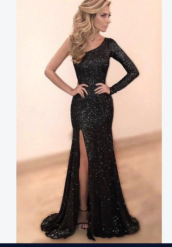 Women's Long Sleeve One Shoulder Bronzing Evening Dress