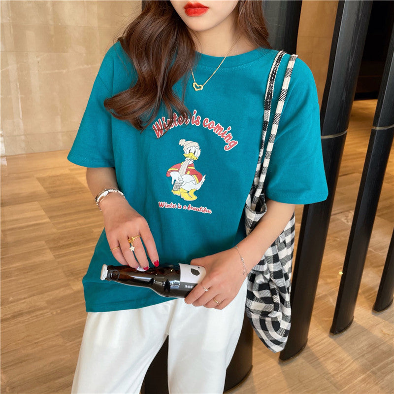 White Cotton Loose Short Sleeve T-Shirt for Spring and Summer