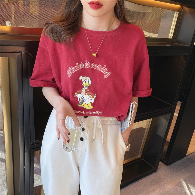 White Cotton Loose Short Sleeve T-Shirt for Spring and Summer