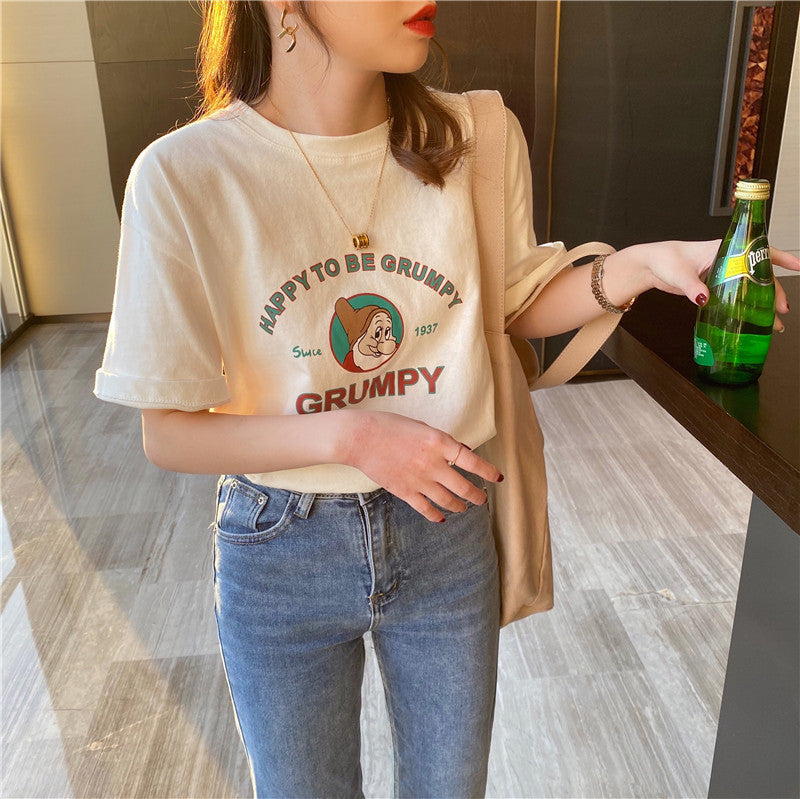 White Cotton Loose Short Sleeve T-Shirt for Spring and Summer
