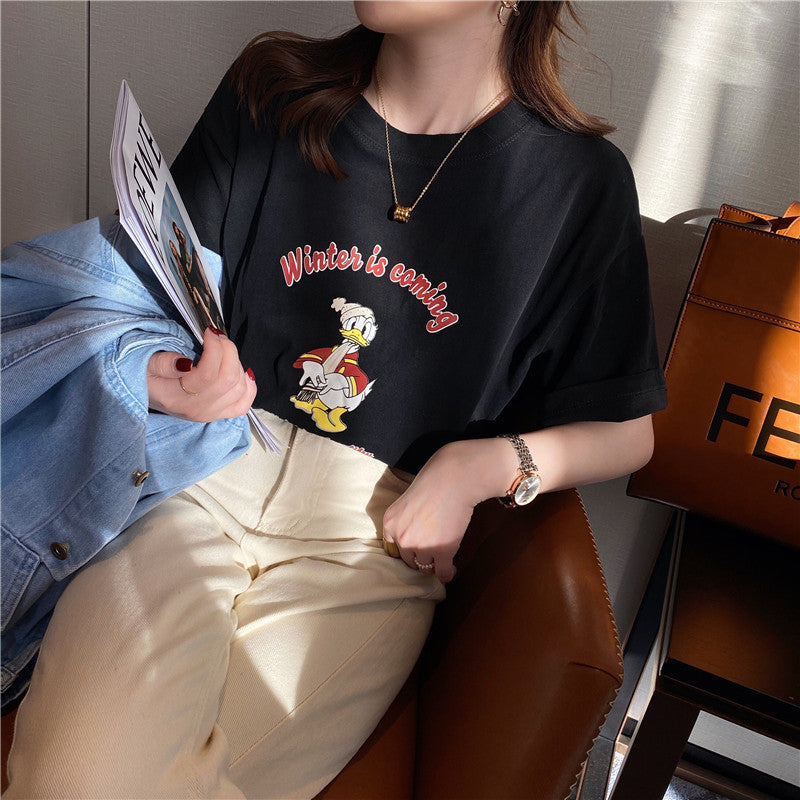 White Cotton Loose Short Sleeve T-Shirt for Spring and Summer