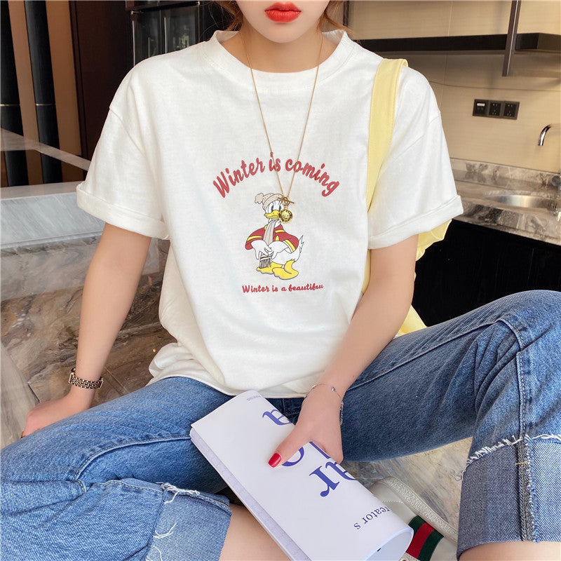 White Cotton Loose Short Sleeve T-Shirt for Spring and Summer