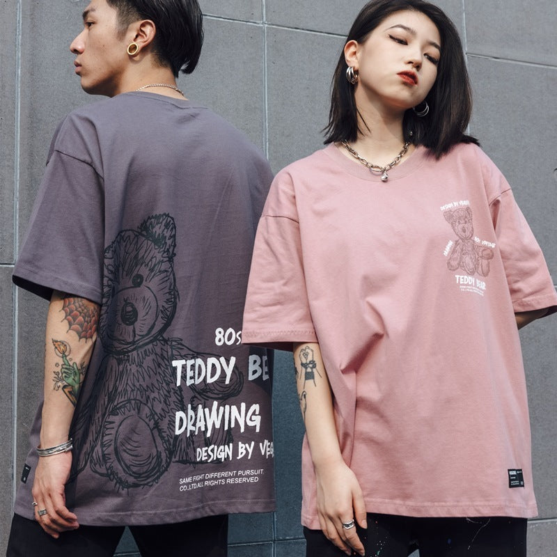 VEGORRS Hand-painted Bear Cartoon Graffiti Printing Short-sleeved Loose Couple T-shirt Men