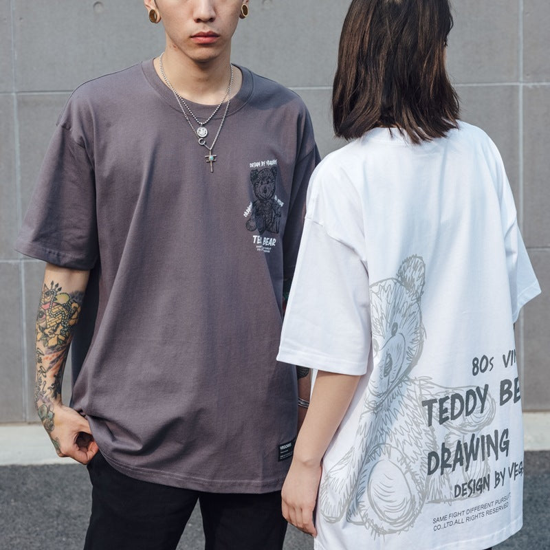 VEGORRS Hand-painted Bear Cartoon Graffiti Printing Short-sleeved Loose Couple T-shirt Men