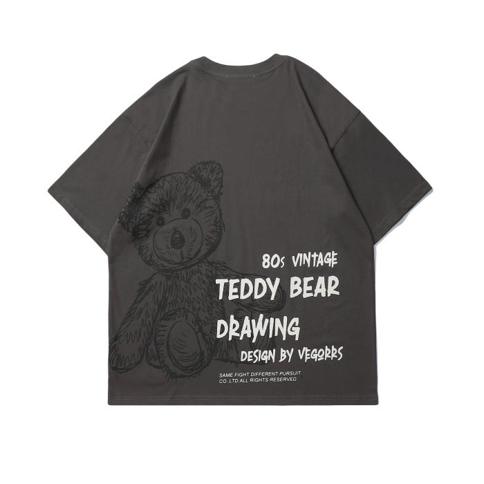 VEGORRS Hand-painted Bear Cartoon Graffiti Printing Short-sleeved Loose Couple T-shirt Men