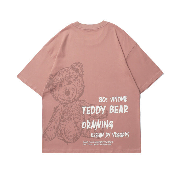 VEGORRS Hand-painted Bear Cartoon Graffiti Printing Short-sleeved Loose Couple T-shirt Men