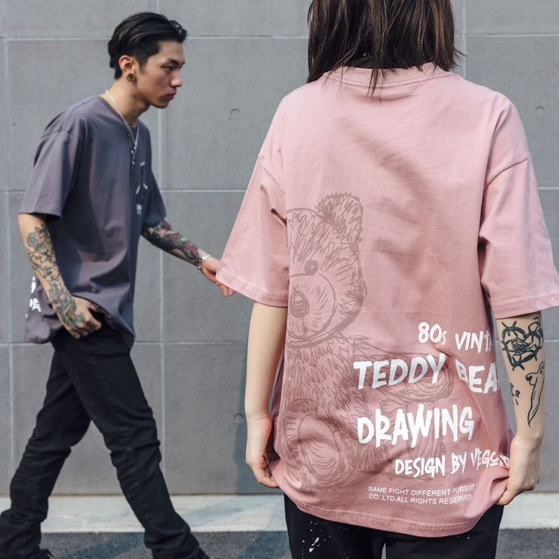 VEGORRS Hand-painted Bear Cartoon Graffiti Printing Short-sleeved Loose Couple T-shirt Men