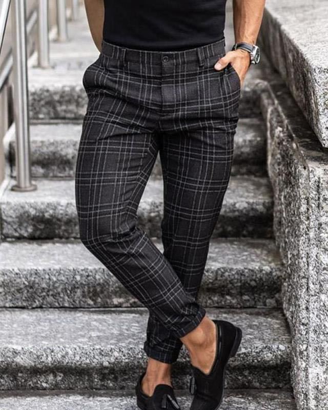 Men's Loose Thin Casual Plaid Trousers Mid-Waist Small Feet Pants
