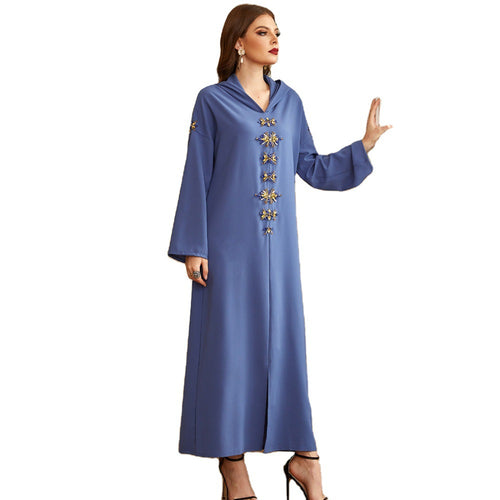 Moroccan Hooded Diamond Robe Dress in Blue Gray Polyester
