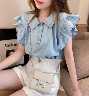Small Fresh Blouse with Flying Sleeves and Doll Collar Summer Korean Style Shirt for Women
