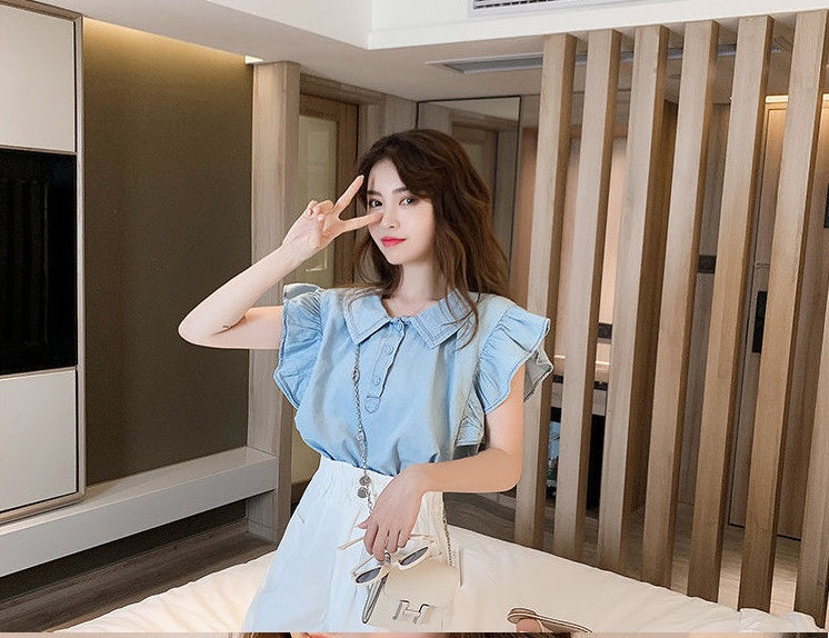 Small Fresh Blouse with Flying Sleeves and Doll Collar Summer Korean Style Shirt for Women