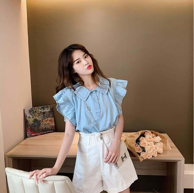 Small Fresh Blouse with Flying Sleeves and Doll Collar Summer Korean Style Shirt for Women