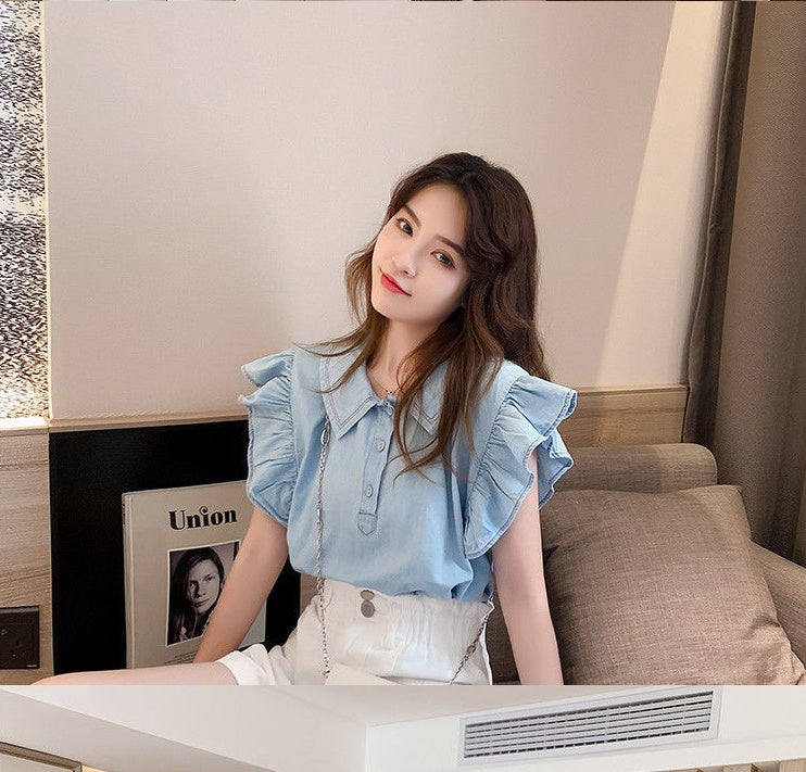 Small Fresh Blouse with Flying Sleeves and Doll Collar Summer Korean Style Shirt for Women