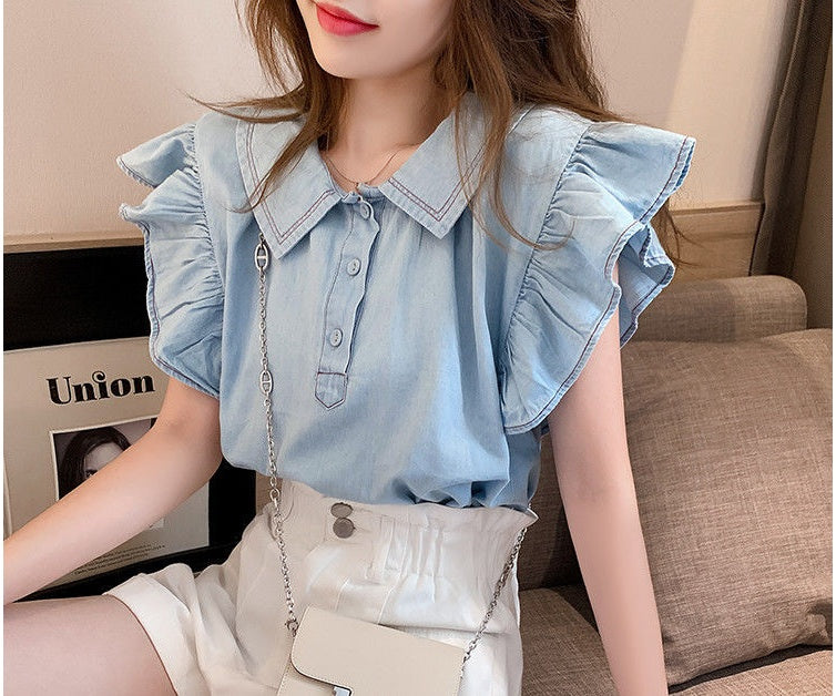 Small Fresh Blouse with Flying Sleeves and Doll Collar Summer Korean Style Shirt for Women