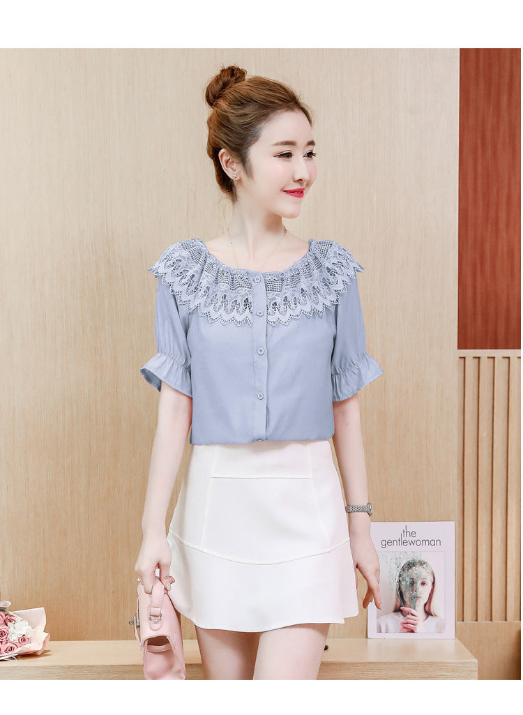Ladies Chiffon Lace Top Puff Sleeve Short Sleeve Shirt Small Fresh Cute