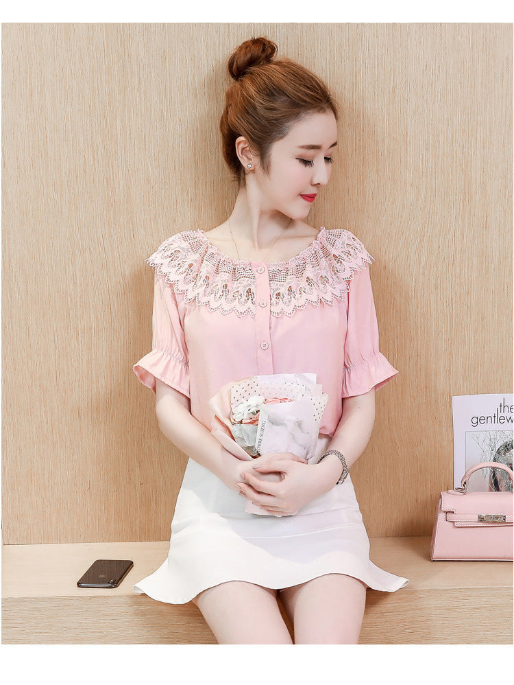 Ladies Chiffon Lace Top Puff Sleeve Short Sleeve Shirt Small Fresh Cute