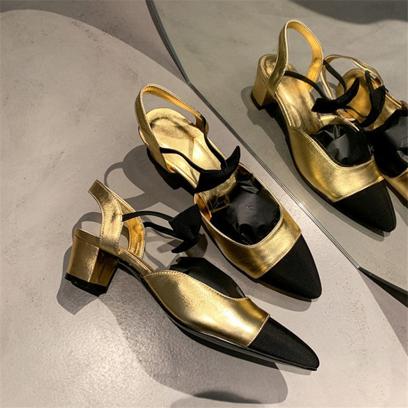 Colorblock Pointed-Toe Chunky Mid-High Heels