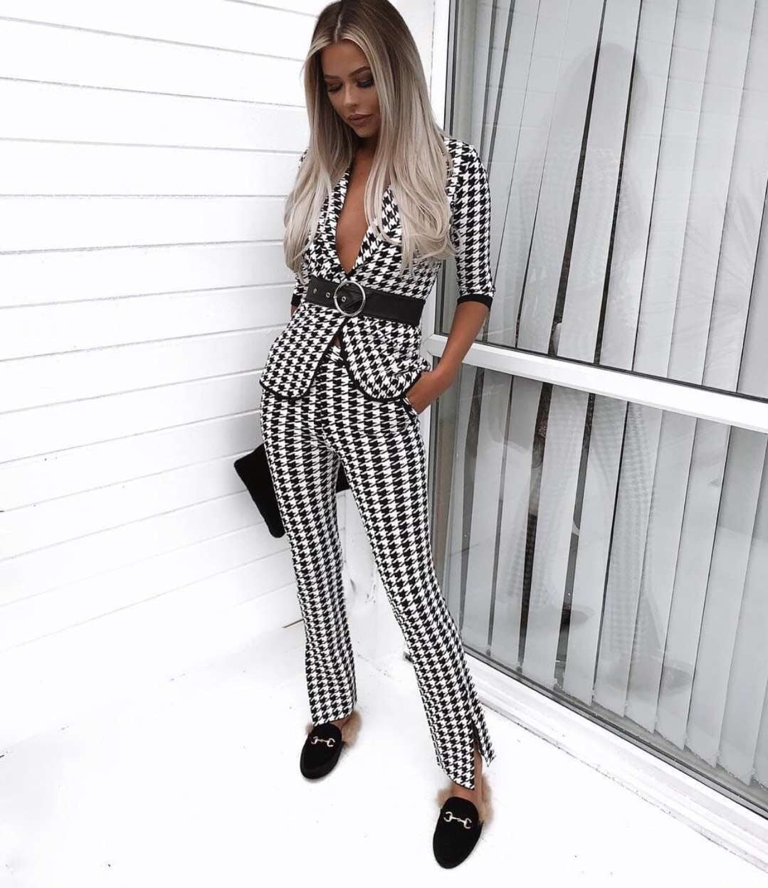 Tailleur Jacquard Femme à Col Cranté Pied-de-Poule – Pantalon de Costume Printemps & Été de Haute Qualité