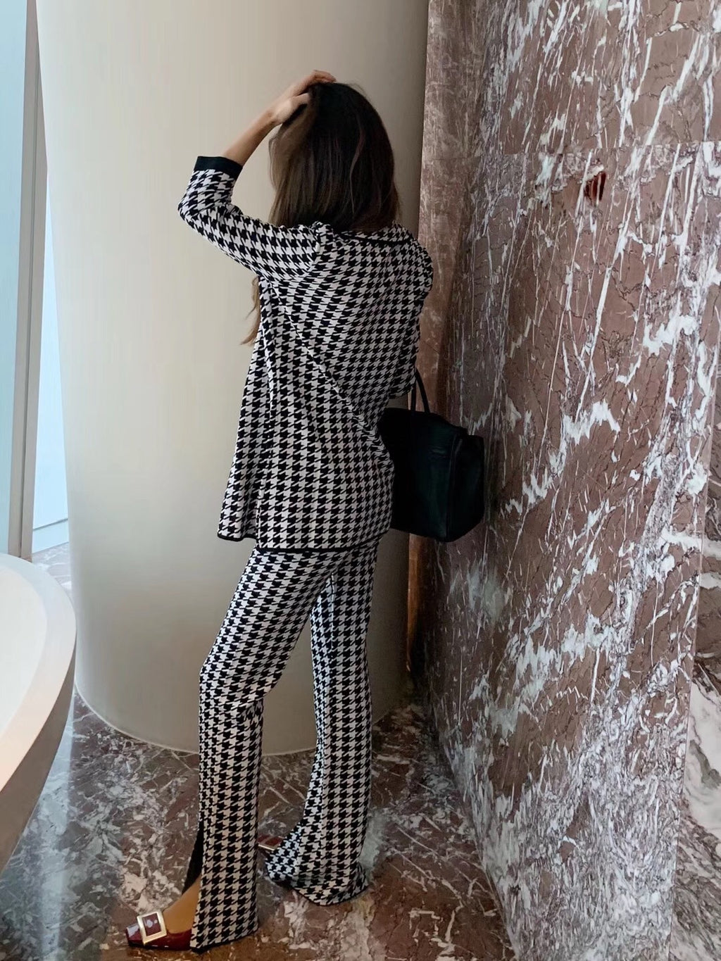 Tailleur Jacquard Femme à Col Cranté Pied-de-Poule – Pantalon de Costume Printemps & Été de Haute Qualité