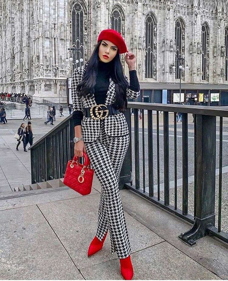 Tailleur Jacquard Femme à Col Cranté Pied-de-Poule – Pantalon de Costume Printemps & Été de Haute Qualité