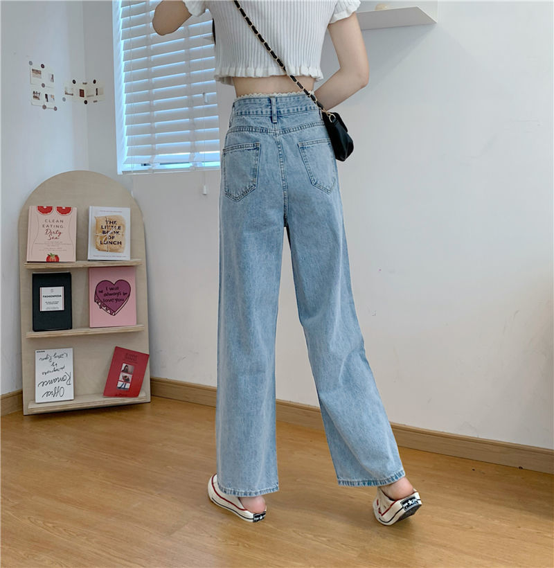 Lace High Waist Jeans Women Loose Straight Wide Leg Pants Trousers