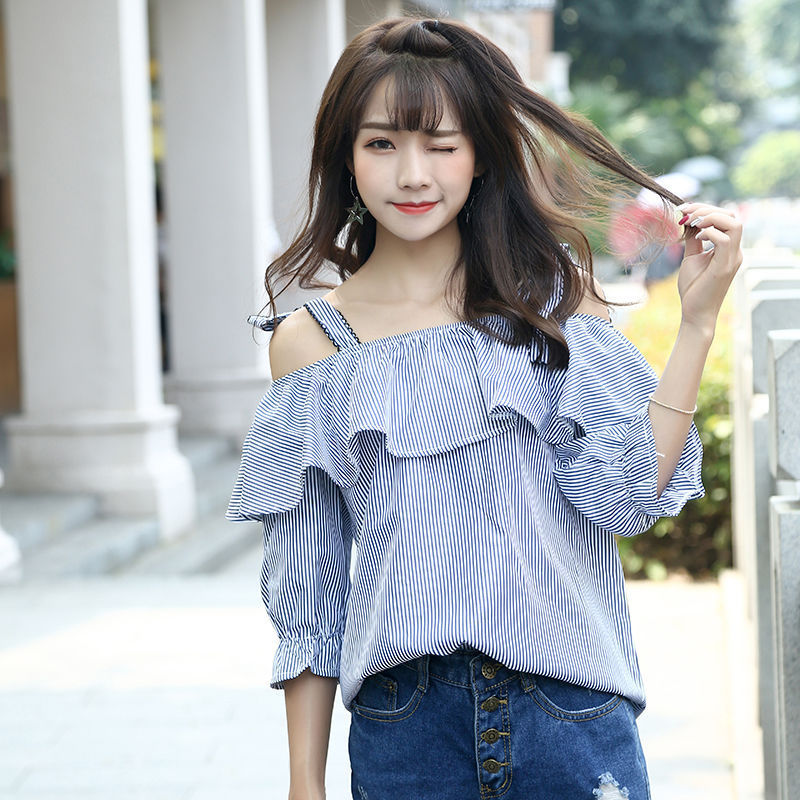 Sling Trumpet Sleeve Striped Shirt Womens Summer Loose Ruffled Collar Off-Shoulder Top